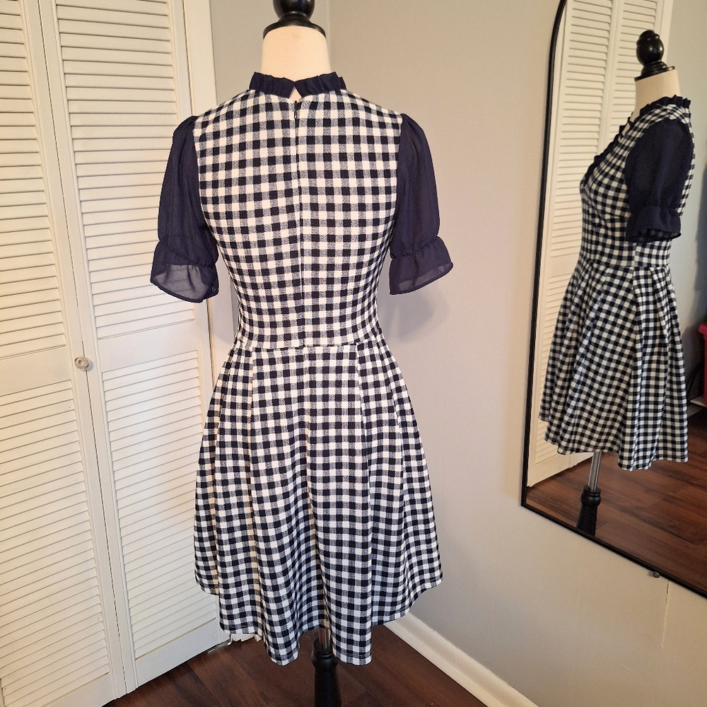 Smak Parlour Vintage Style Fit And Flare Navy and White Gingham Dress Small *L - Picture 2 of 5